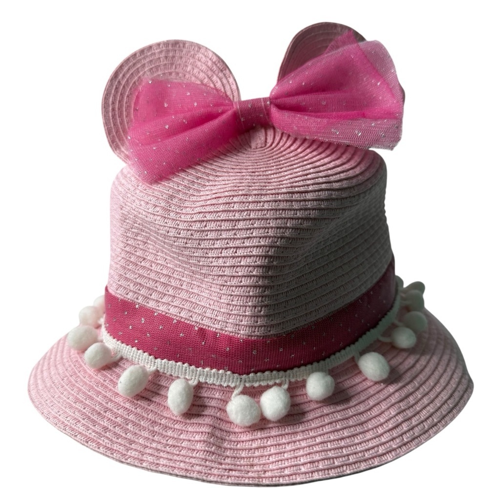 Disney Parks Girls Pink‎ Straw Sun Hat Mouse Ears Tulle Bow Pom Pom Trim
